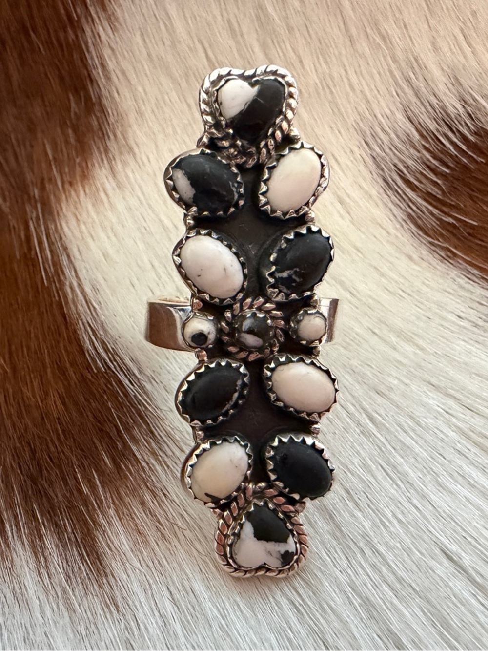 โค๏ธ White Buffalo Turquoise Sterling Full Finger Statement Cluster Heart ADJ Ring